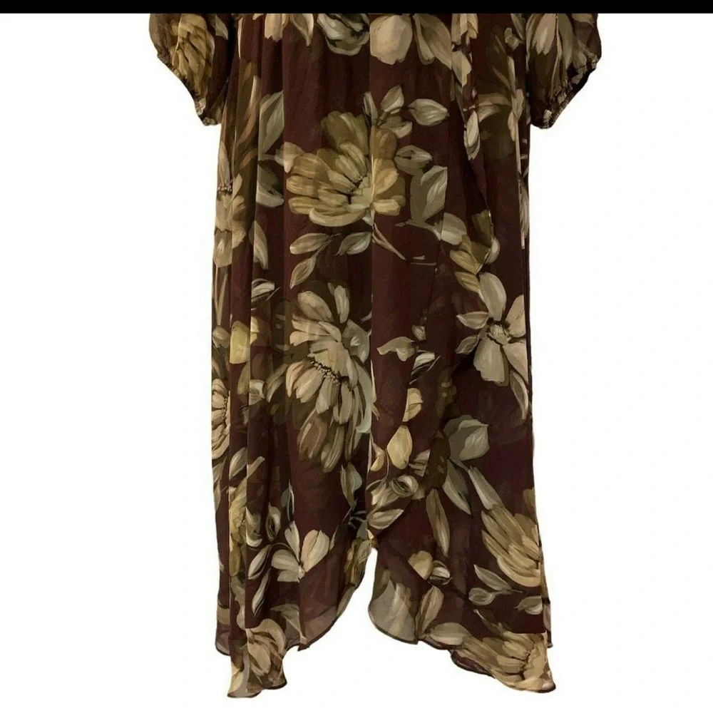 size 22W Gabby Skye Chiffon Wrap Plum Taupe Floral Puff Sleeve Midi Dress - Picture 9 of 10